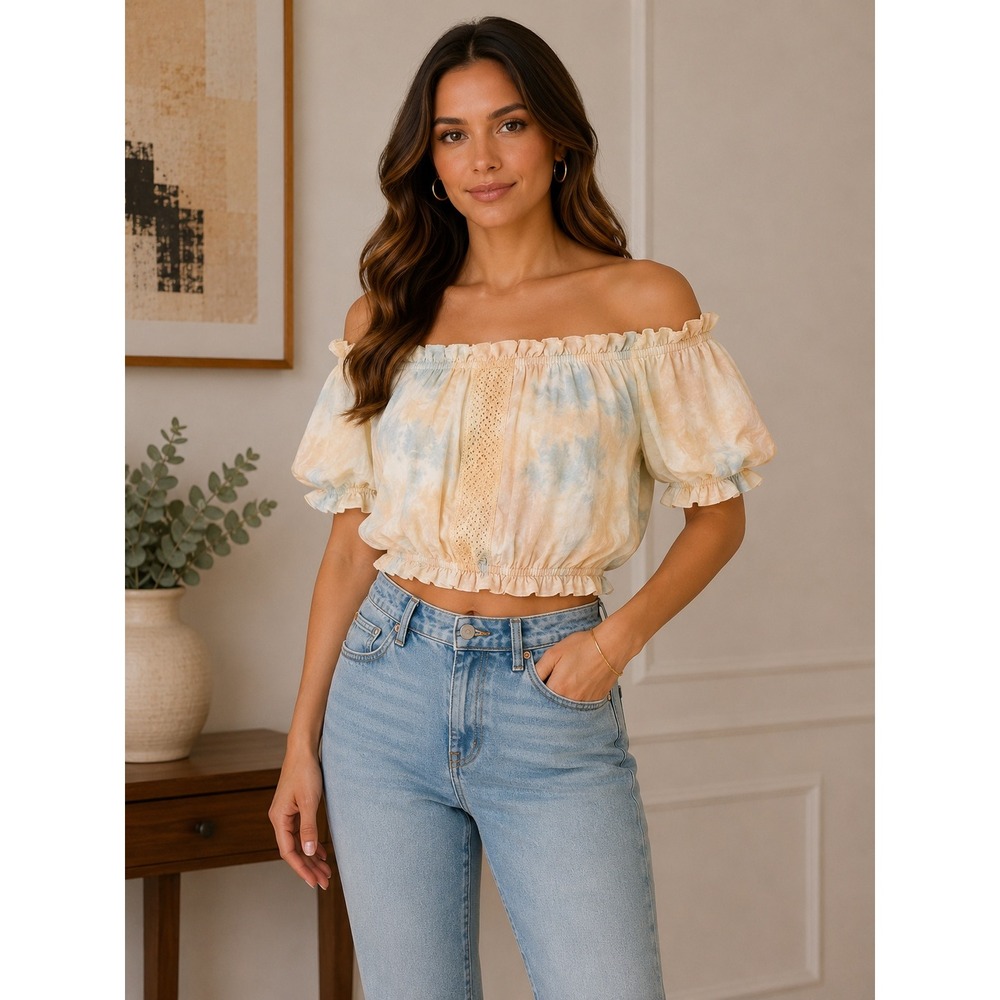 KIWI PUNCH Tie Dye Off Shoulder Ruffle Cropped Top Womens Size L